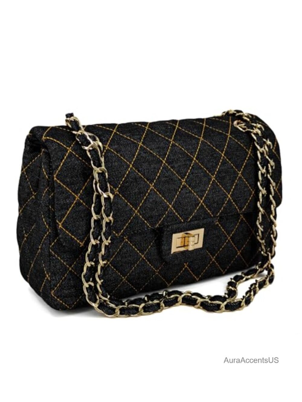 Vintage Quilted Denim Shoulder Bag Crossbody with Chain Strap Medium